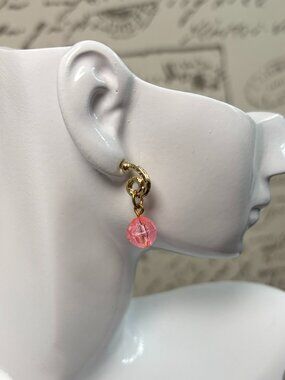 Vintage ~80s Bubblegum Pink Crystal Hammered Gold Swirl Earrings Nugget Textured
